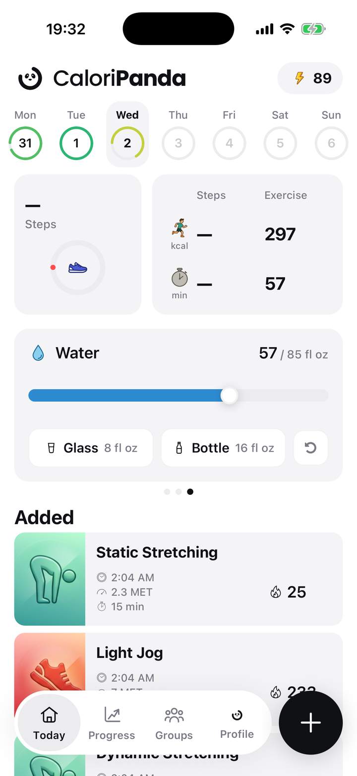 Home screen: steps, exercise and water tracking