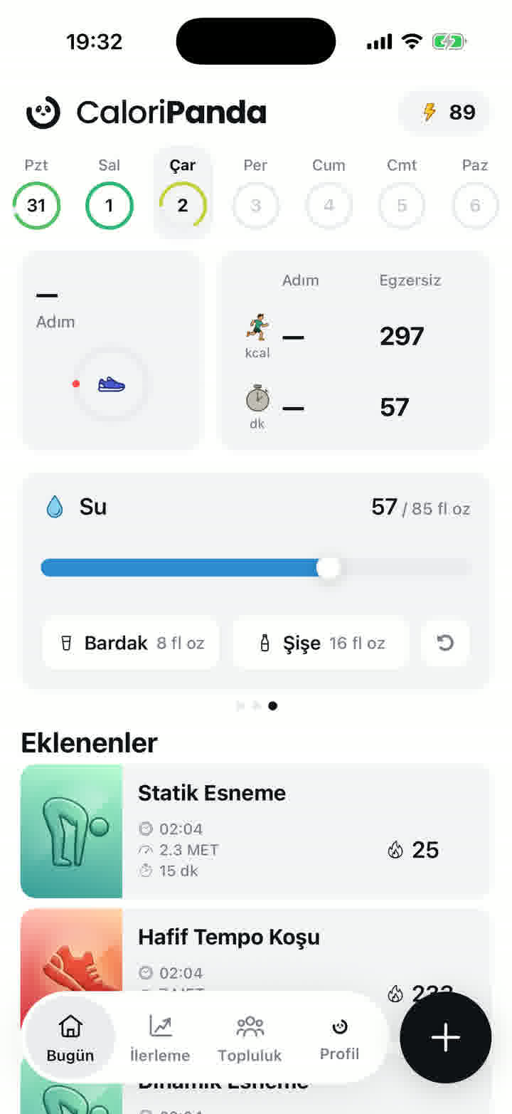 Ana ekran: adım, egzersiz ve su takibi