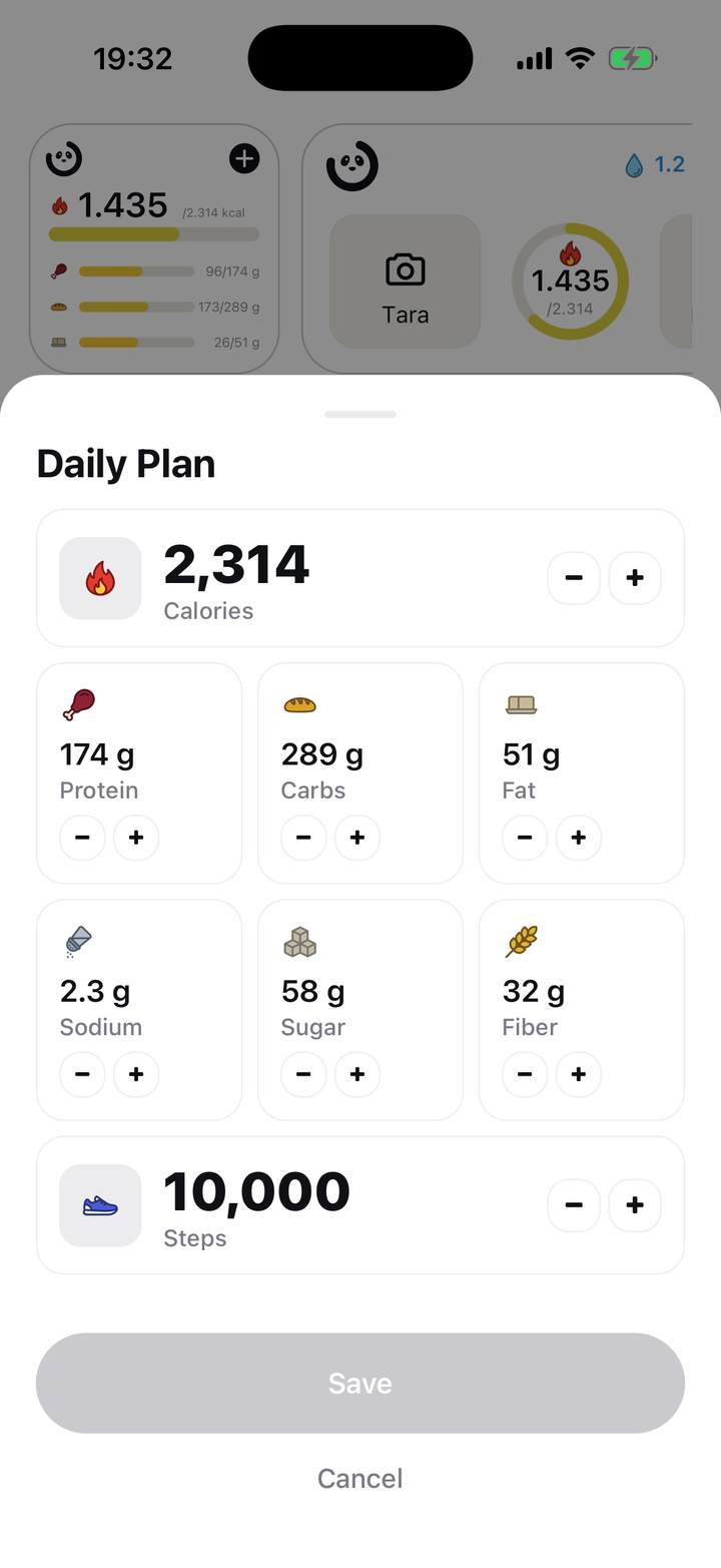 Daily plan screen: calorie, macro, sodium, sugar, fiber and step targets