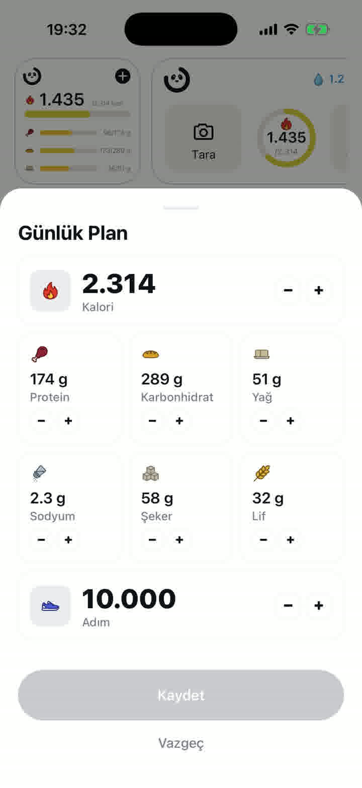 Günlük plan ekranı: kalori, makro, sodyum, şeker, lif ve adım hedefleri