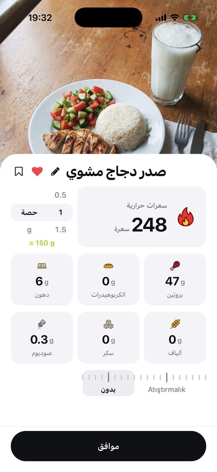 بطاقة الطعام: السعرات والماكرو والألياف والسكر والصوديوم