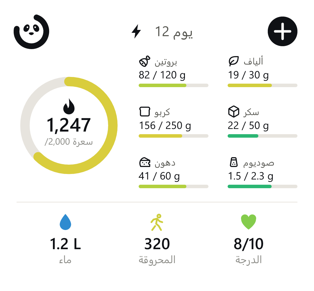 أداة الملخّص الكامل: حلقة السعرات والماكرو والماء ودرجة الصحة