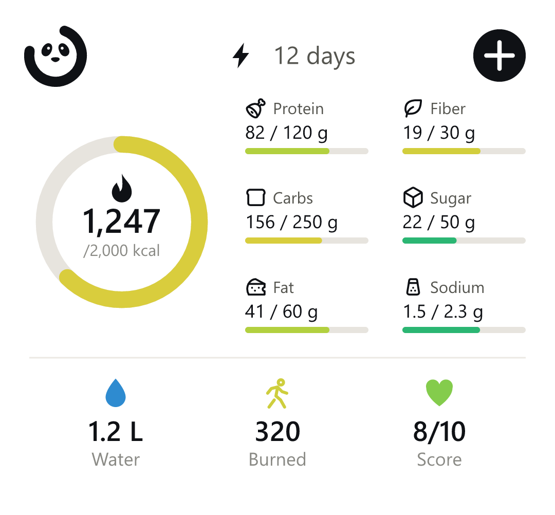 Full Summary widget: calorie ring, macros, water, calories burned and score